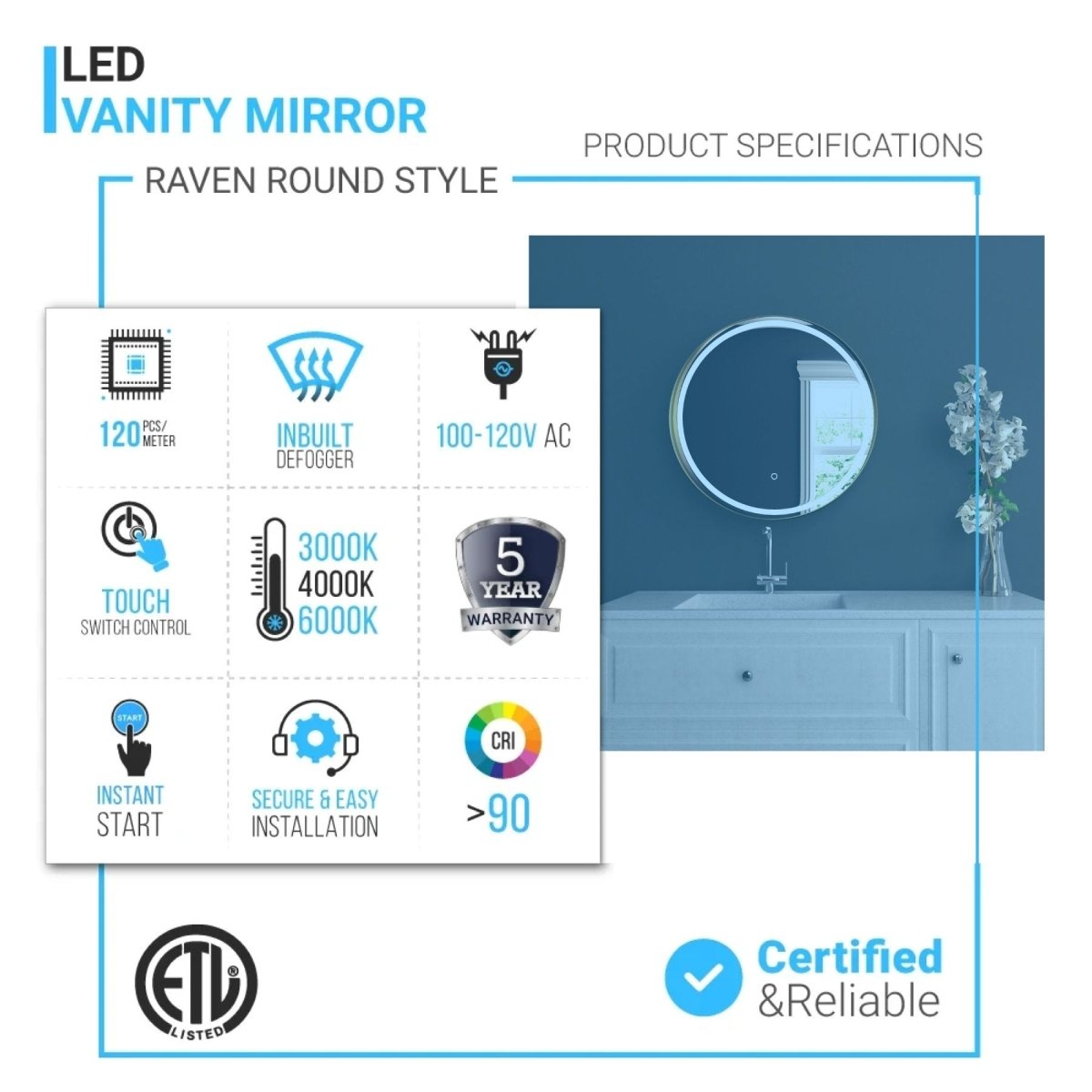 24 Inch Round LED Lighted Bathroom Vanity Mirror with Shelf, Touch Switch, Defogger and CCT Remembrance, CRI 90+, Raven Round Style - LEDMyPlace