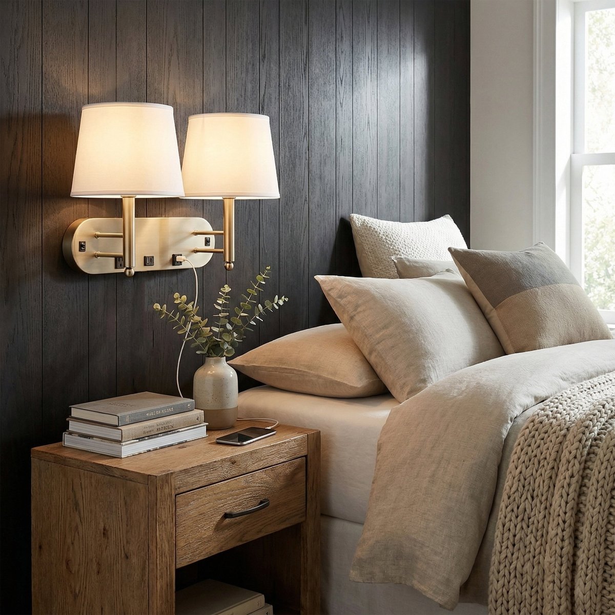 24"W x 16"H Double Wall Lamp with White Linen Shades – Plated Brushed Nickel Finish - 2 Pack - LEDMyPlace