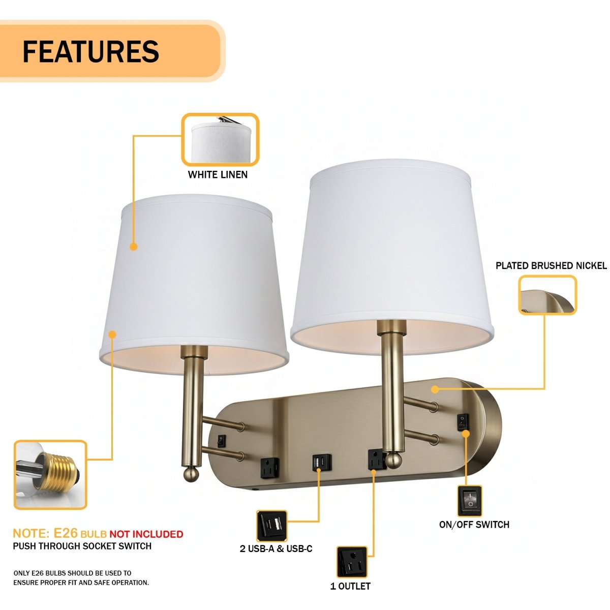 24"W x 16"H Double Wall Lamp with White Linen Shades – Plated Brushed Nickel Finish - 2 Pack - LEDMyPlace