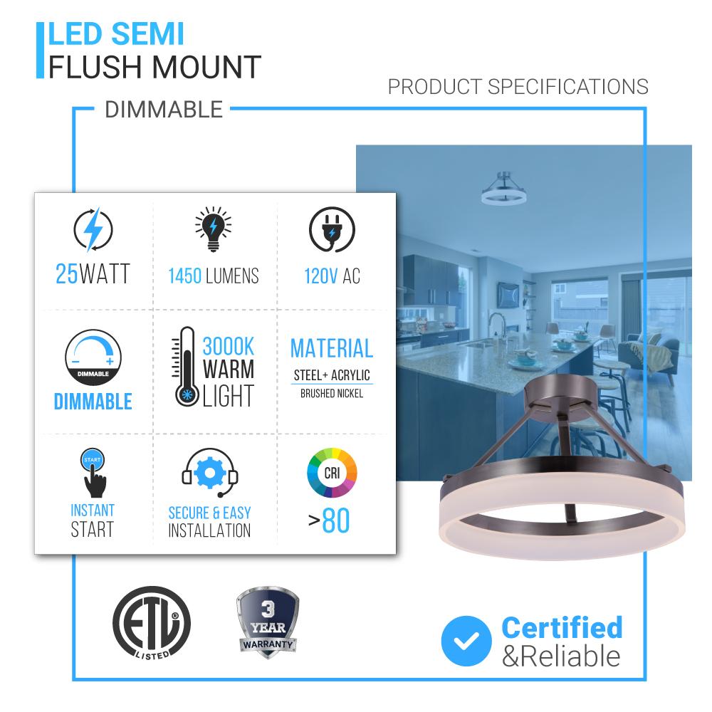 25W LED Ring Semi - Flushmount Light, 3000K (Warm White), Brushed Nickel Finish, 1450 Lumens, Triac Dimmable, ETL Listed - LEDMyPlace