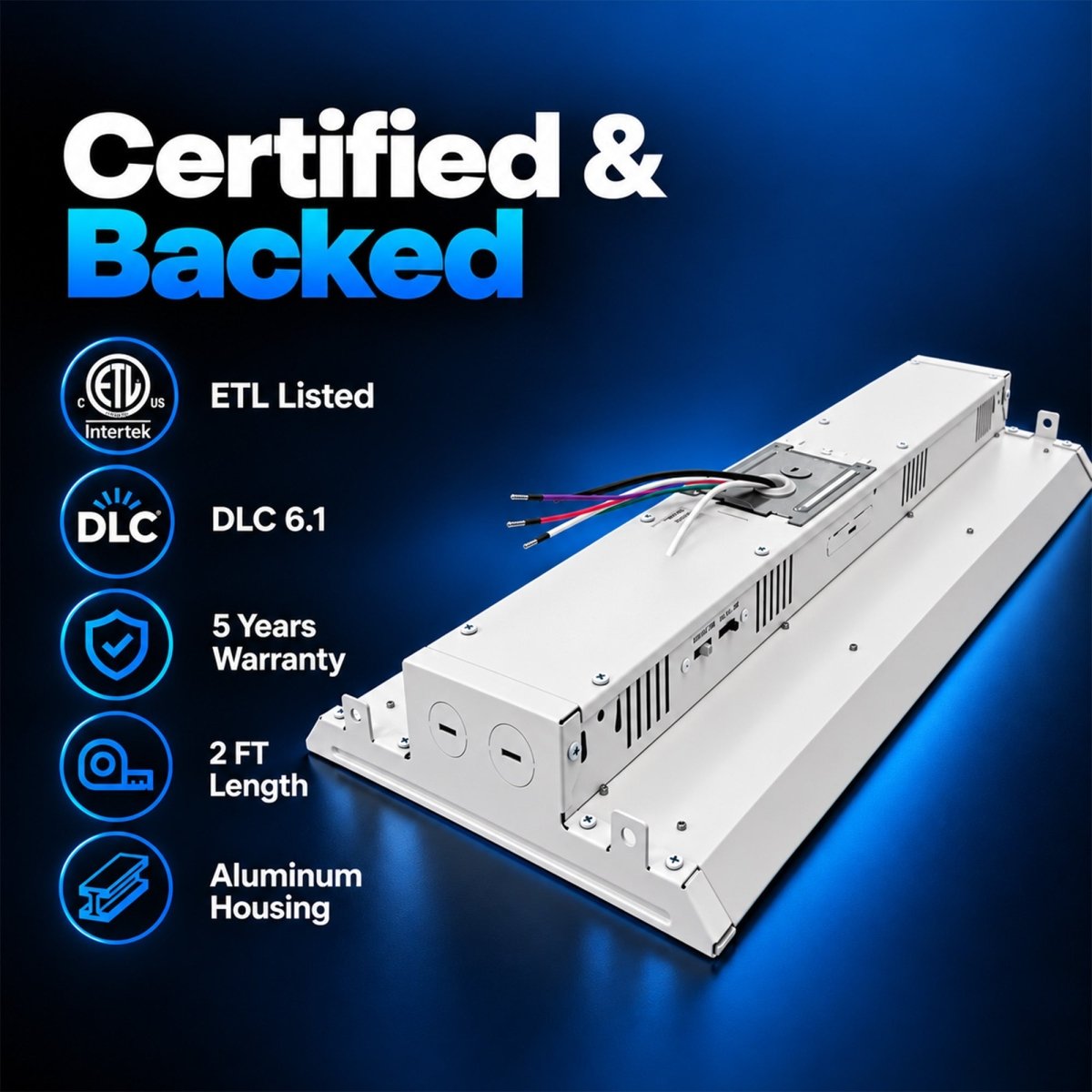 2FT Linear LED High Bay Light 105W/135W/165W Wattage Adjustable, 4000k/5000K/6500K CCT Changeable, Dip Switch, 0-10V Dim, 120-277V Input Voltage, ETL, DLC 6.0 Listed - LEDMyPlace