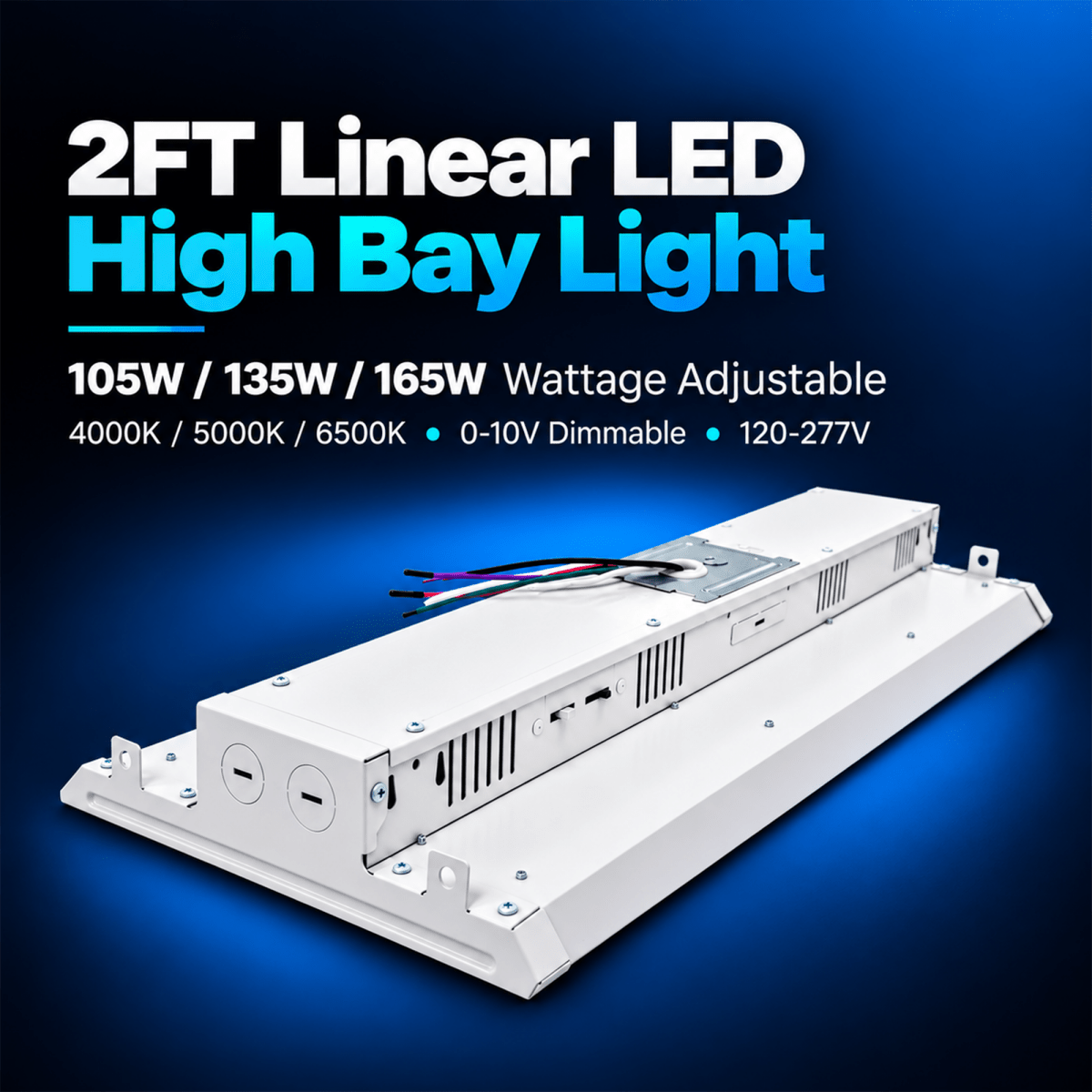 2FT Linear LED High Bay Light 105W/135W/165W Wattage Adjustable, 4000k/5000K/6500K CCT Changeable, Dip Switch, 0-10V Dim, 120-277V Input Voltage, ETL, DLC 6.0 Listed - LEDMyPlace