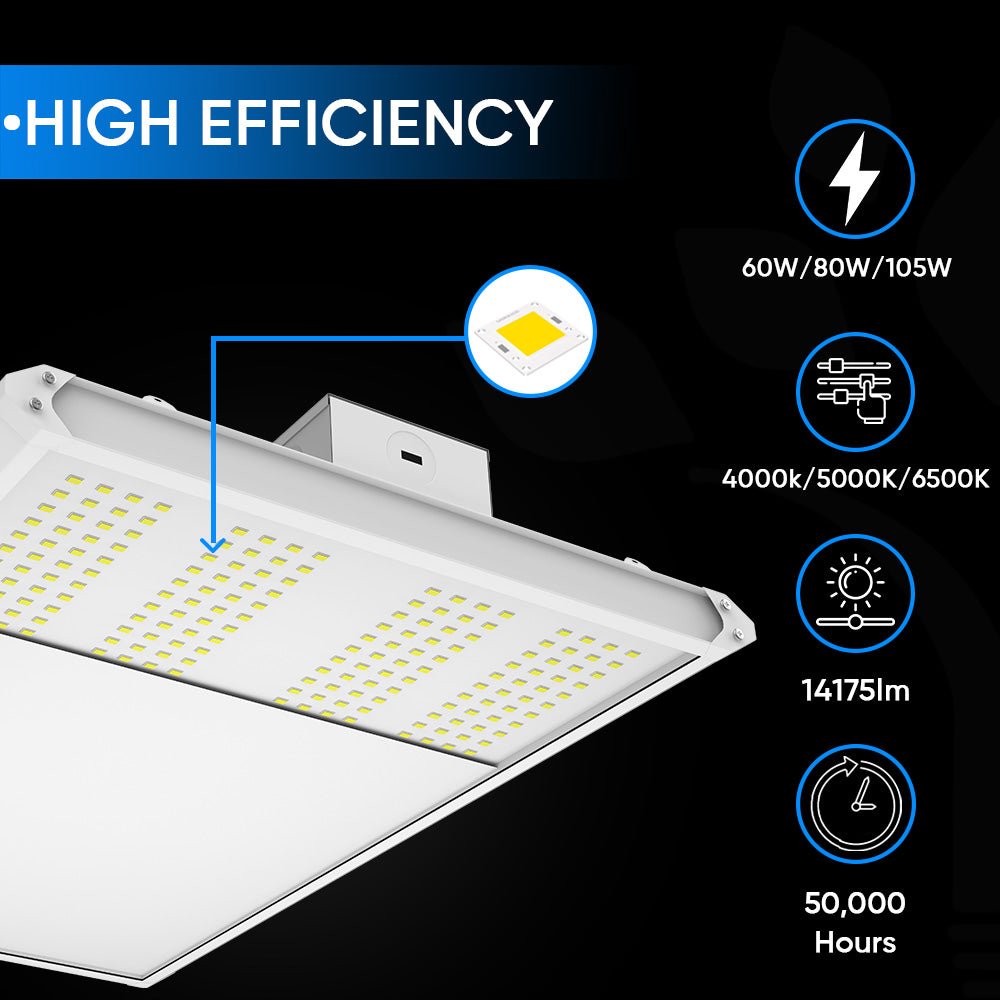 2FT Linear LED High Bay Light 60W/80W/105W Wattage Adjustable, 4000k/5000K/6500K CCT Changeable, Dip Switch, 0 - 10V Dim, 120 - 277V Input Voltage, ETL, DLC 5.1 Listed - LEDMyPlace