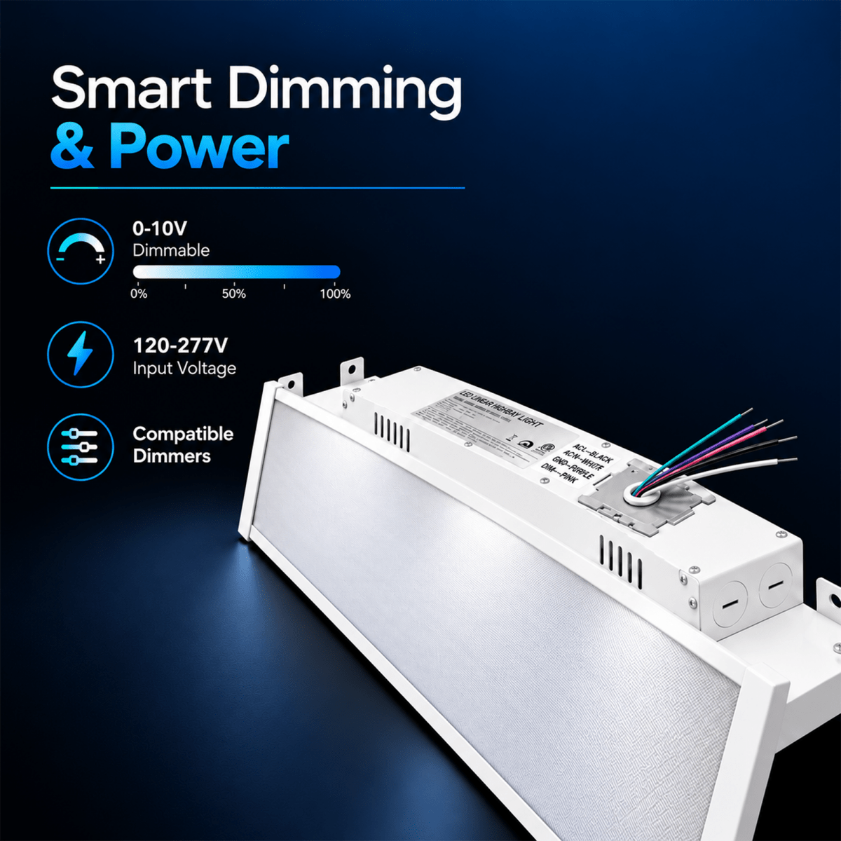 2FT Linear LED High Bay Light 60W/80W/105W Wattage Adjustable, 4000k/5000K/6500K CCT Changeable, Dip Switch, 0-10V Dim, 120-277V Input Voltage, ETL, DLC 6.0 Listed - LEDMyPlace