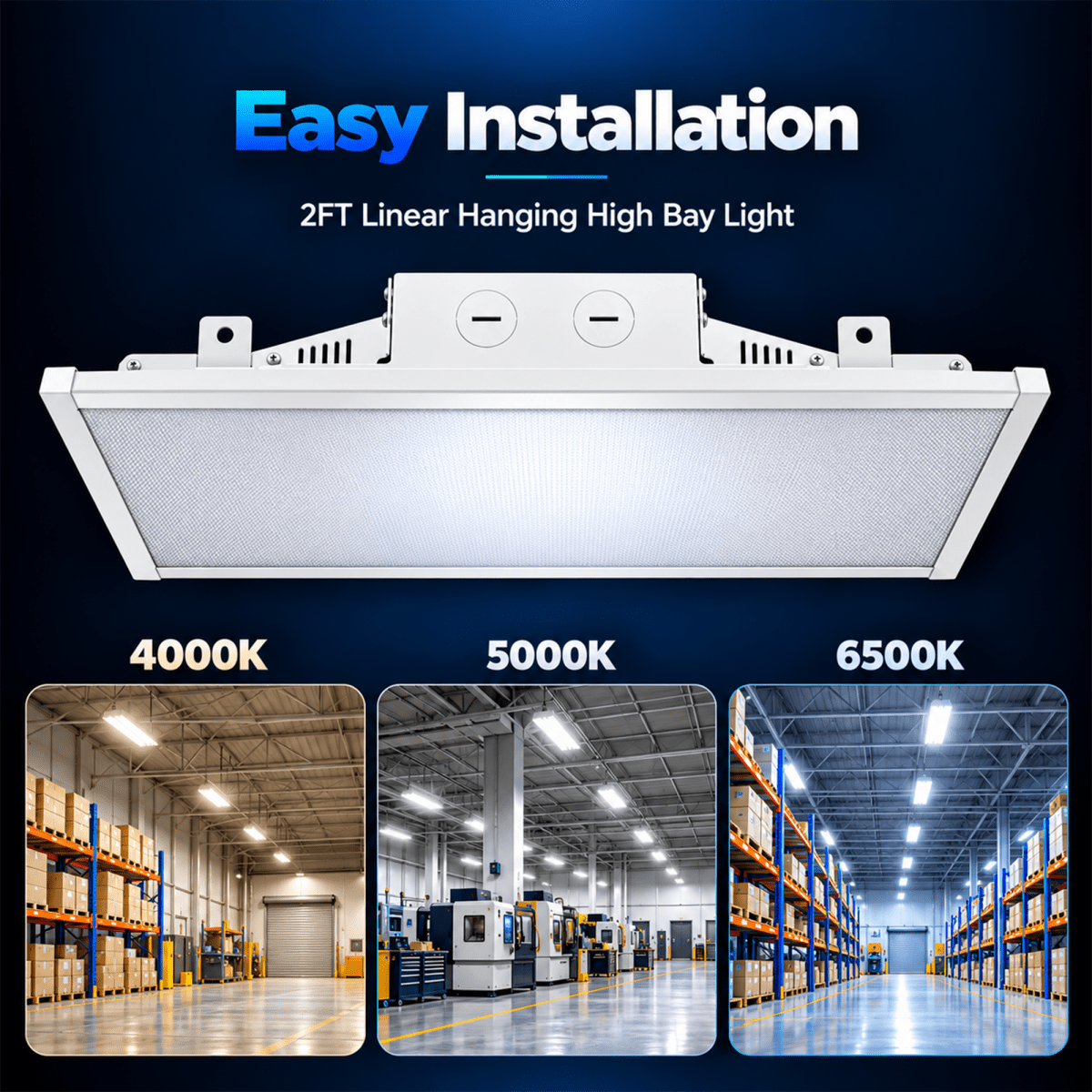 2FT Linear LED High Bay Light 60W/80W/105W Wattage Adjustable, 4000k/5000K/6500K CCT Changeable, Dip Switch, 0-10V Dim, 120-277V Input Voltage, ETL, DLC 6.0 Listed - LEDMyPlace