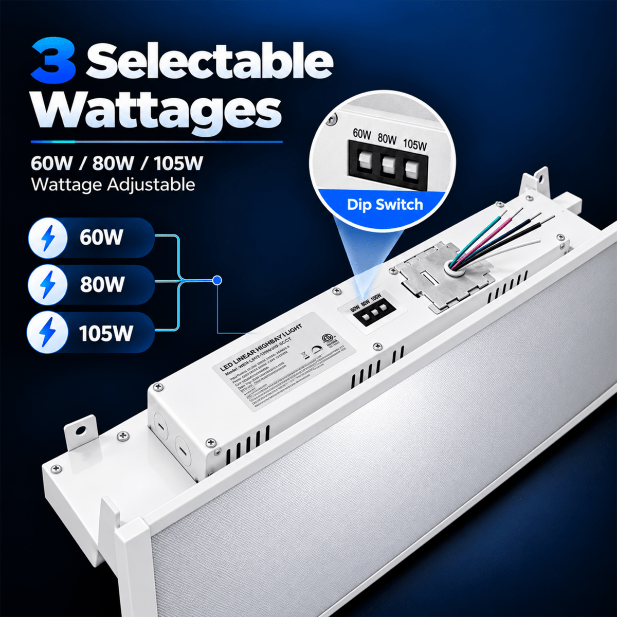 2FT Linear LED High Bay Light 60W/80W/105W Wattage Adjustable, 4000k/5000K/6500K CCT Changeable, Dip Switch, 0-10V Dim, 120-277V Input Voltage, ETL, DLC 6.0 Listed - LEDMyPlace