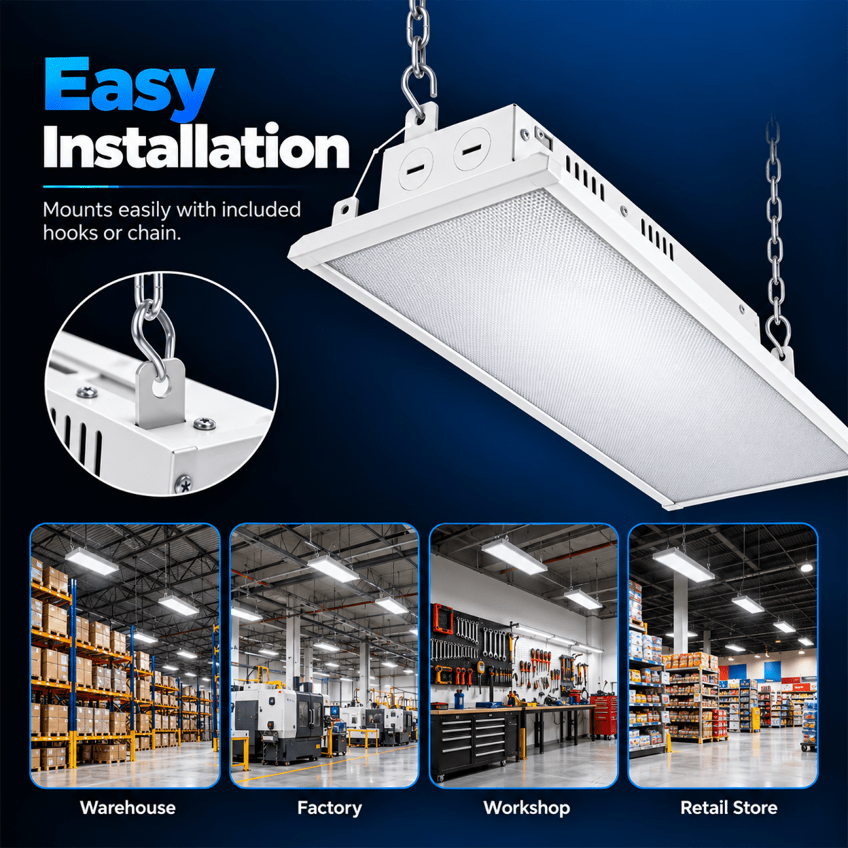 2FT Linear LED High Bay Light 60W/80W/105W Wattage Adjustable, 4000k/5000K/6500K CCT Changeable, Dip Switch, 0-10V Dim, 120-277V Input Voltage, ETL, DLC 6.0 Listed - LEDMyPlace