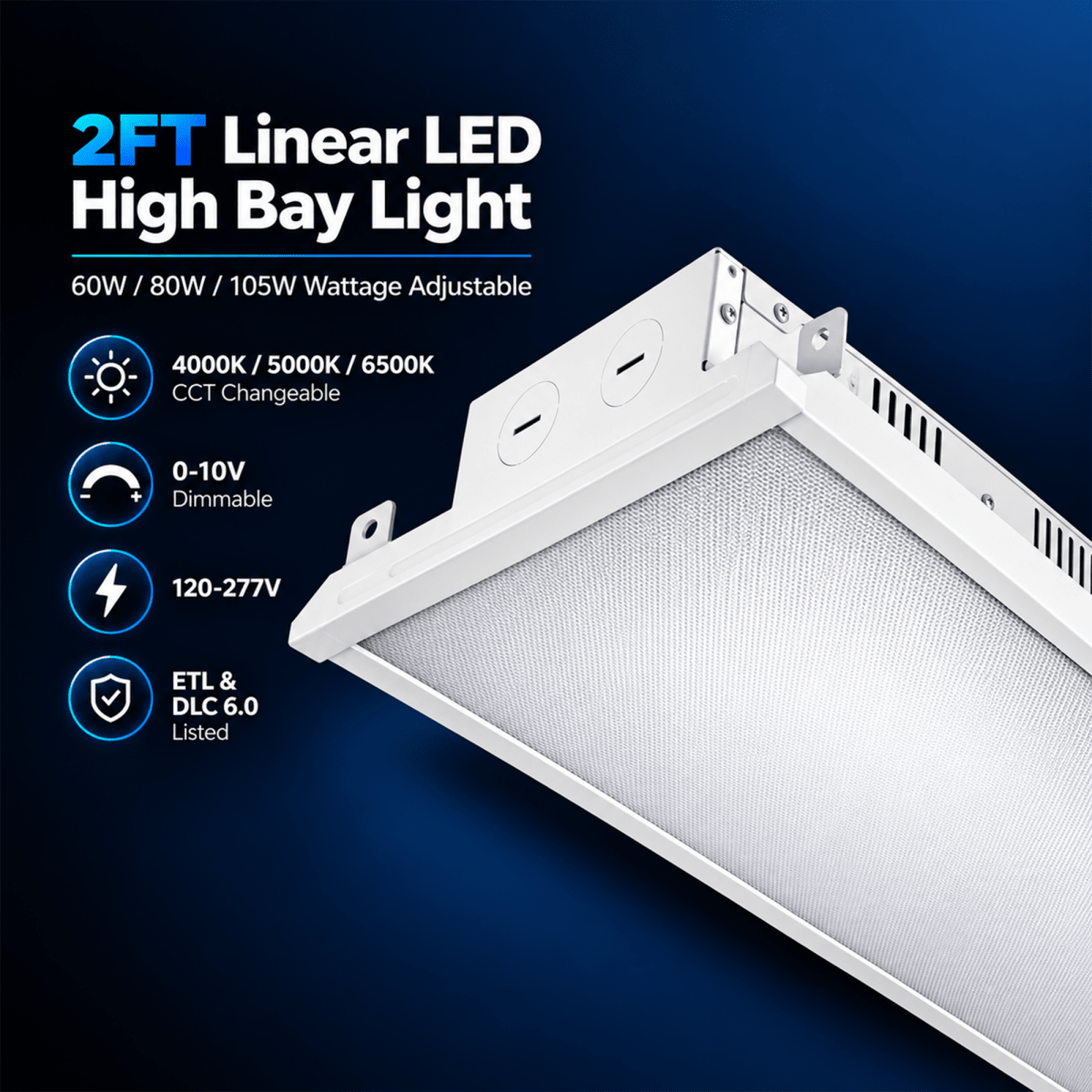 2FT Linear LED High Bay Light 60W/80W/105W Wattage Adjustable, 4000k/5000K/6500K CCT Changeable, Dip Switch, 0-10V Dim, 120-277V Input Voltage, ETL, DLC 6.0 Listed - LEDMyPlace