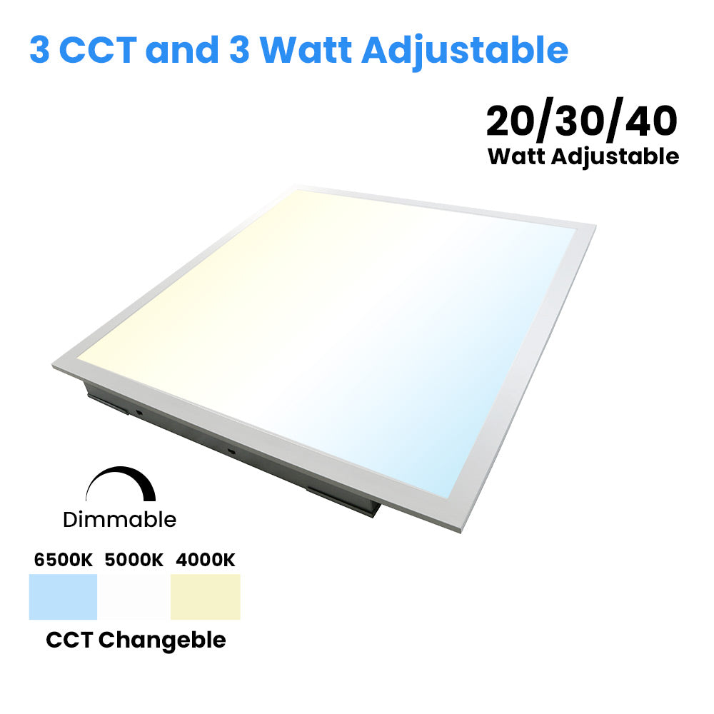 2 ft. x 2 ft. LED Flat Panel Light 20W/30W/40W Wattage Adjustable, 4000k/5000K/6500K CCT Changeable, Dip Switch, 0-10V Dim, 120-277V, ETL, DLC 5.1, Recessed Back-lit Fixture