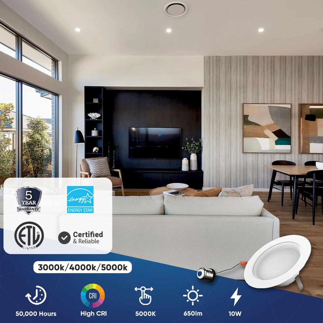 4 Inch LED Recessed Lighting, 10W, Dimmable, ETL Listed, Baffle Trim,