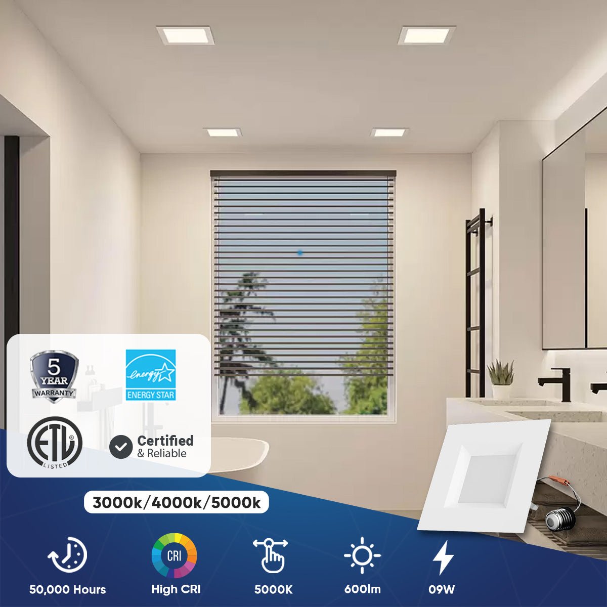 4 Inch LED Recessed Lighting, 9W, Square, ETL, Energy Star Listed, Triac Dimming, Recessed Downlights For Kitchens, Family Room, Closets, Hallways, Doorways, Basement - LEDMyPlace