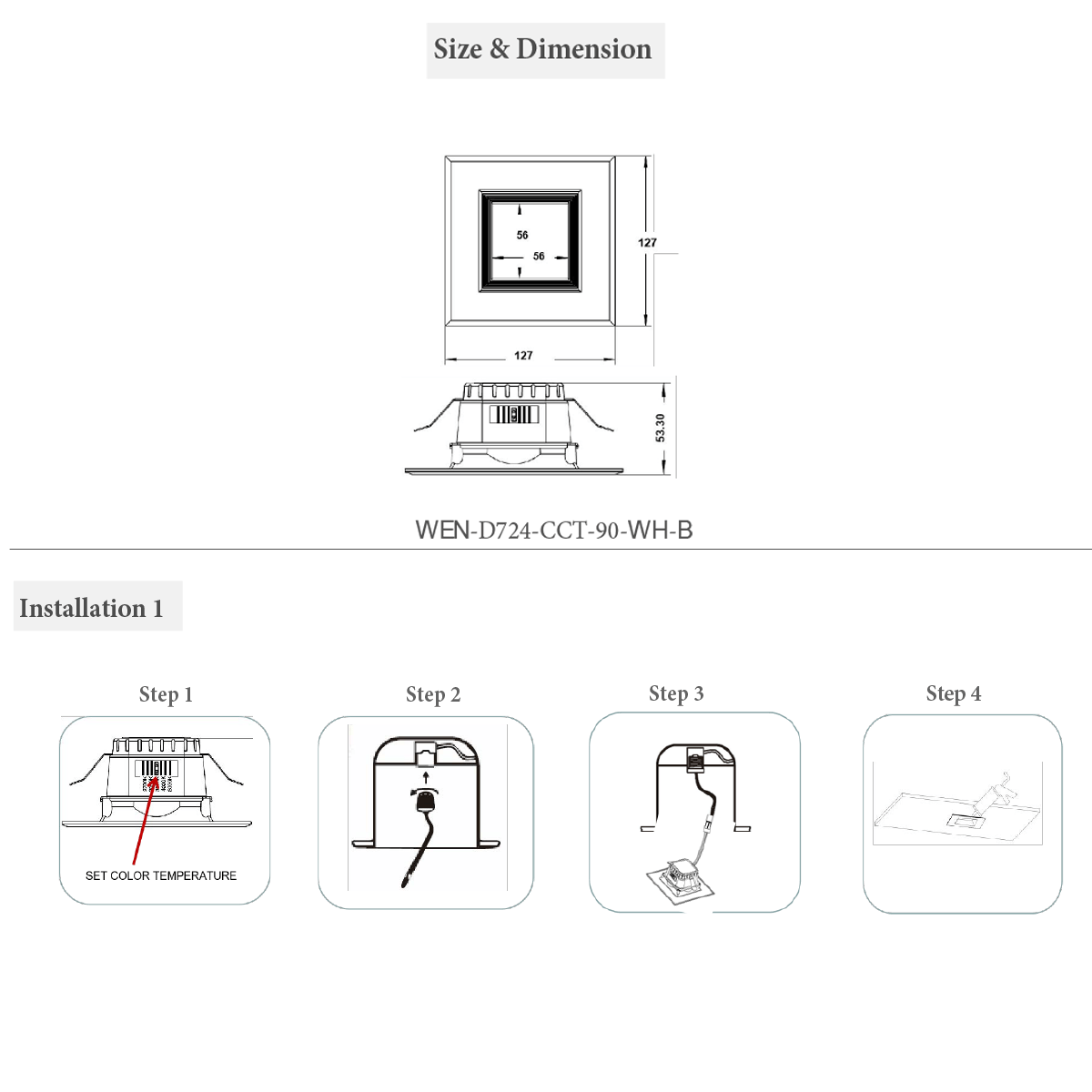 4" Square LED Downlight, 10W, 5CCT Changeable: 2700K/3000K/3500K/4000K/5000K, 120V AC, Baffle Aluminum Trim, Damp Rated - LEDMyPlace