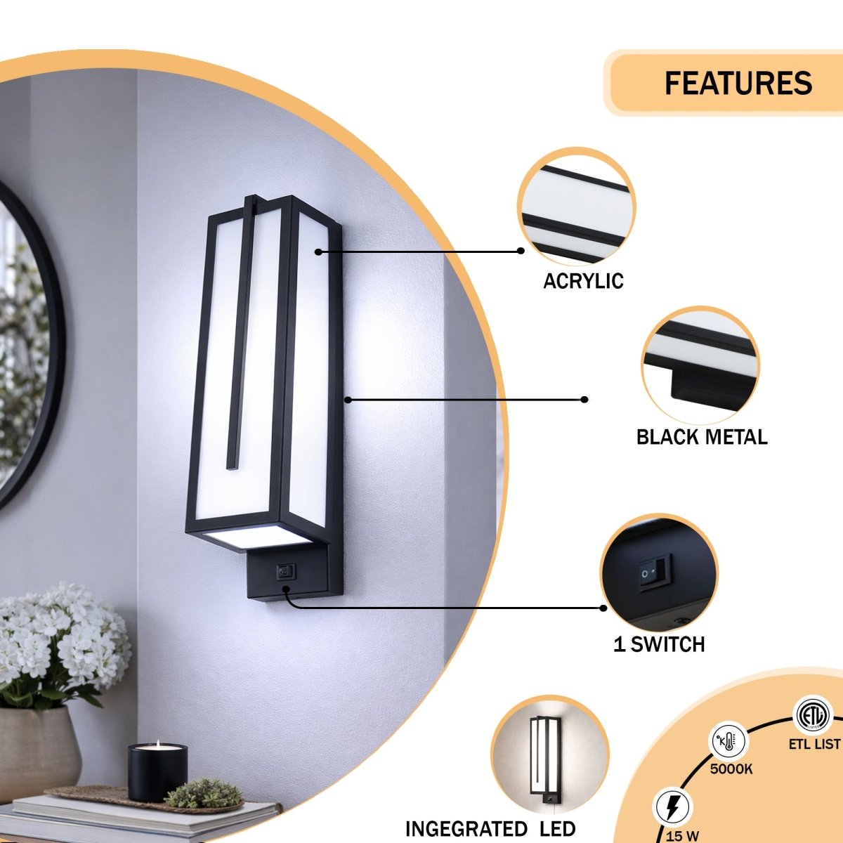 4″W x 12.5″H Black Wall Sconce with Integrated 15W LED – 5000K Hardwired Light - LEDMyPlace
