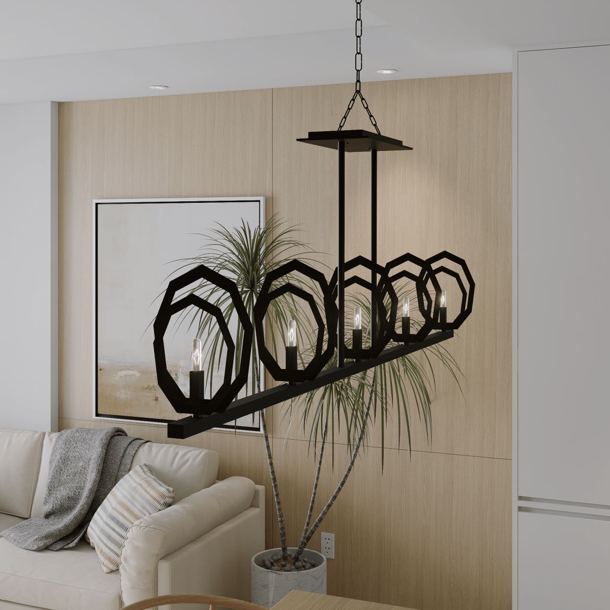 5 - Light Matte Black Finish with Deco Candlestick Linear Chandelier for Dining Room - 43"L x 7“W x 13”H - LEDMyPlace