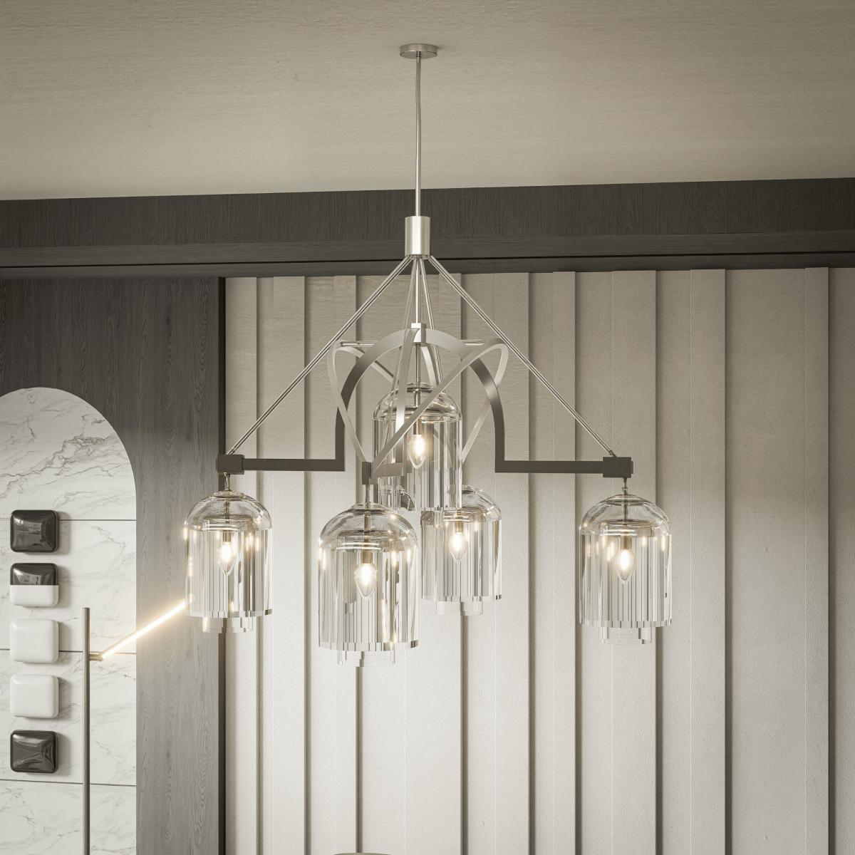 5 - Light Modern Glass Bell Shade Round Chandelier Diam 35.5", Polished Nickel Finish Hardware with Clear Glass, 27.5" Height, 120V, Bulb Type B10, Socket Type E12, Max wattage Per Socket 60W - LEDMyPlace