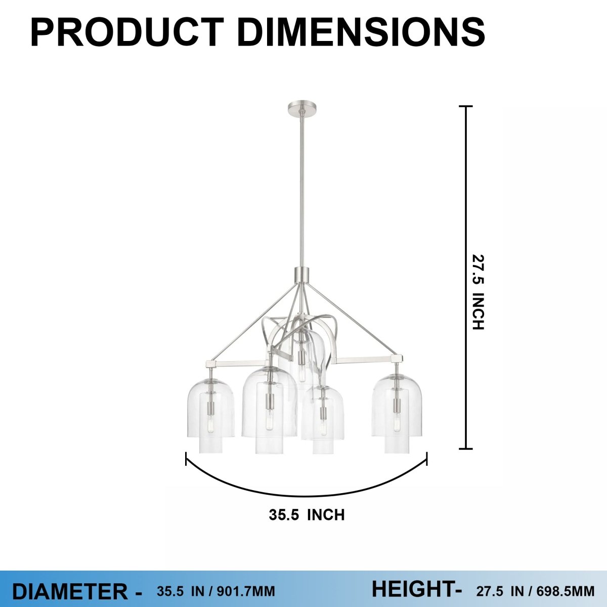 5 - Light Modern Glass Bell Shade Round Chandelier Diam 35.5", Polished Nickel Finish Hardware with Clear Glass, 27.5" Height, 120V, Bulb Type B10, Socket Type E12, Max wattage Per Socket 60W - LEDMyPlace