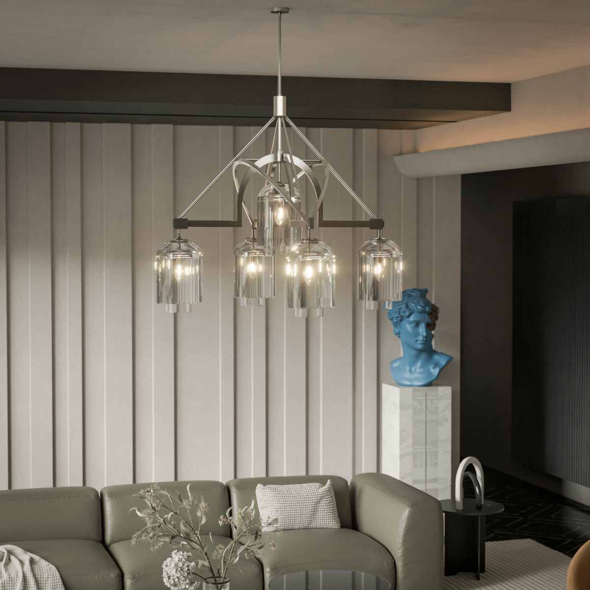 5 - Light Modern Glass Bell Shade Round Chandelier Diam 35.5", Polished Nickel Finish Hardware with Clear Glass, 27.5" Height, 120V, Bulb Type B10, Socket Type E12, Max wattage Per Socket 60W - LEDMyPlace