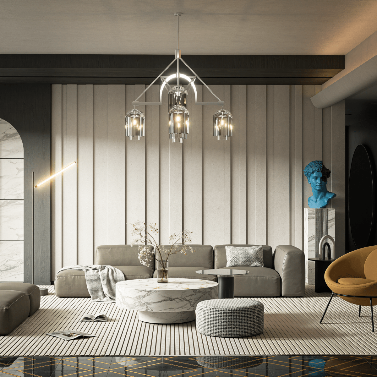 5 - Light Modern Glass Bell Shade Round Chandelier Diam 35.5", Polished Nickel Finish Hardware with Clear Glass, 27.5" Height, 120V, Bulb Type B10, Socket Type E12, Max wattage Per Socket 60W - LEDMyPlace