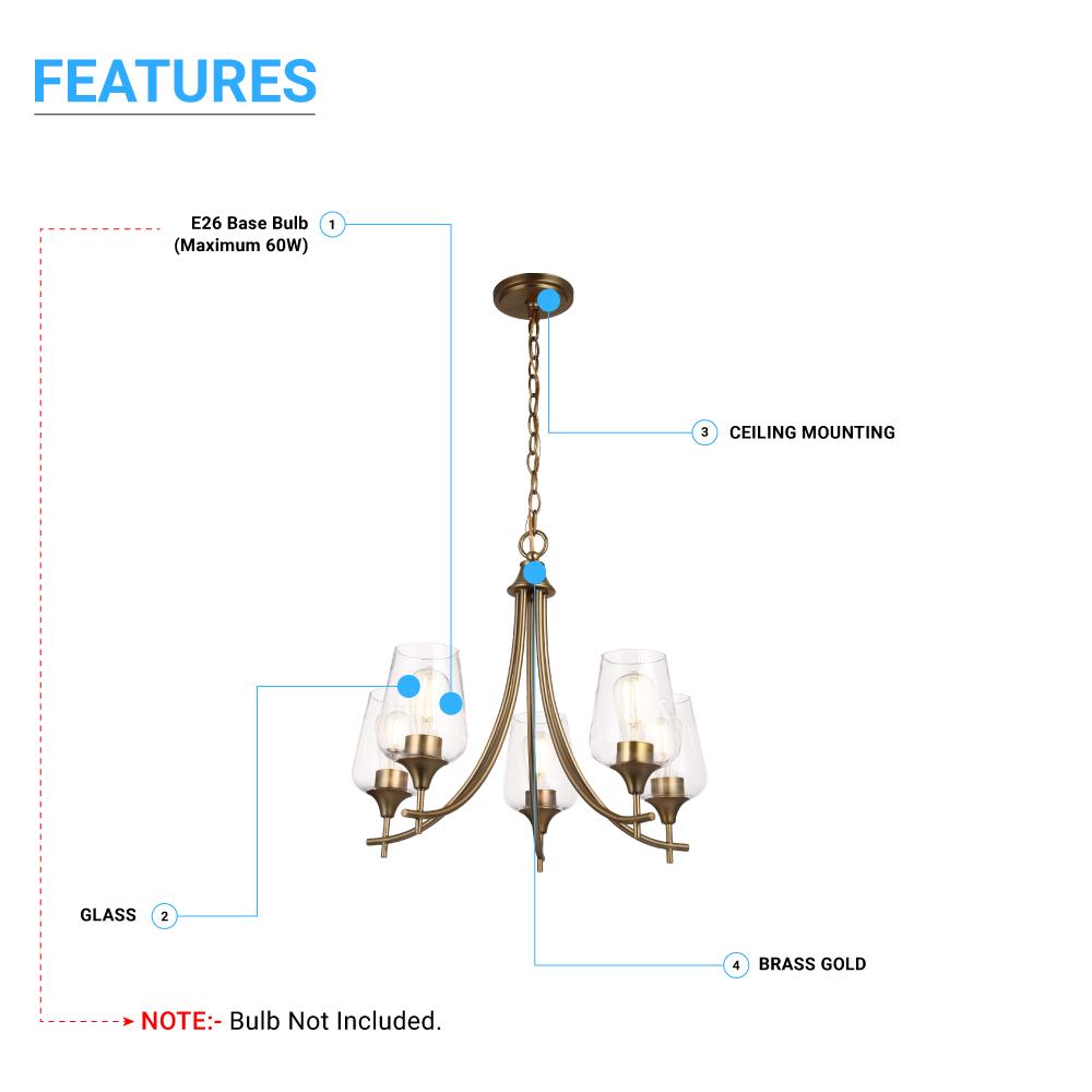 5 - Lights Chandelier Light - Brass Gold Finish with Clear Glass Shades, E26 Socket, UL Listed for Damp Location, 3 Years Warranty - LEDMyPlace