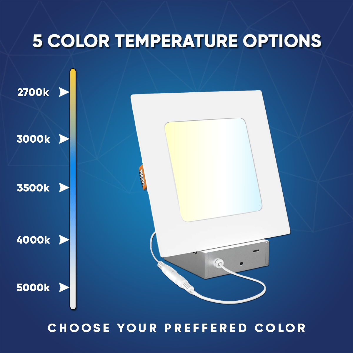 6" 12W LED Slim Panel Recessed Ceiling Light CCT Changeable 2700k/3000K/3500K/4000K/5000K, with Junction Box, Square - LEDMyPlace