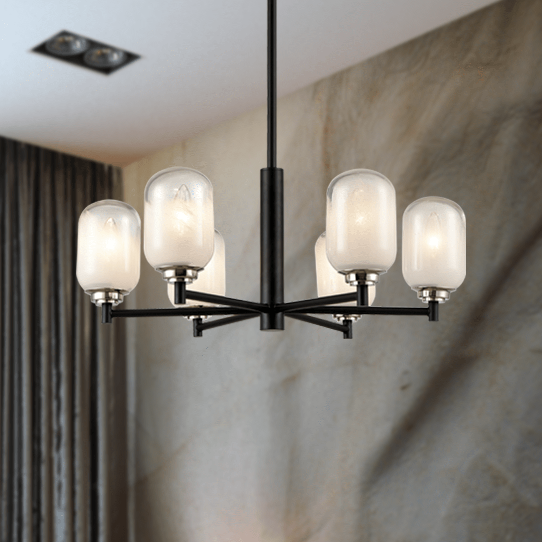 6 - Light Black Finish Chandelier Light with Snow Glass, E12 Base, Width 24" Height 10", 120V, Bulb Type B10, Socket type E12, Max wattage Per Socket 60W - LEDMyPlace