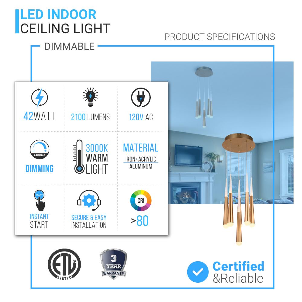 6 - Light Chandelier, Brushed Gold Finish, 42W, 3000K, 2100LM, Dimmable, Chandelier Dining Light Living Room Lighting Kitchen Island - LEDMyPlace