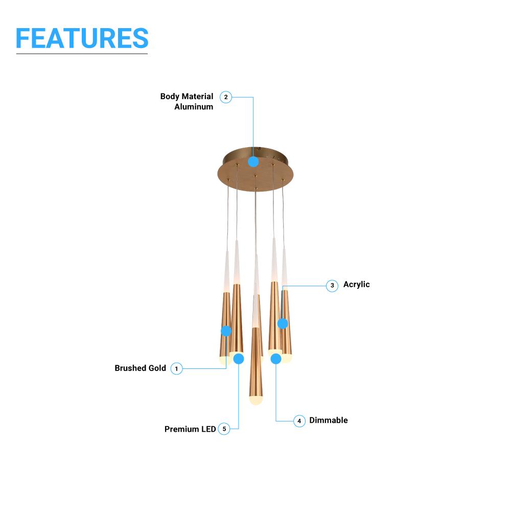 6 - Light Chandelier, Brushed Gold Finish, 42W, 3000K, 2100LM, Dimmable, Chandelier Dining Light Living Room Lighting Kitchen Island - LEDMyPlace