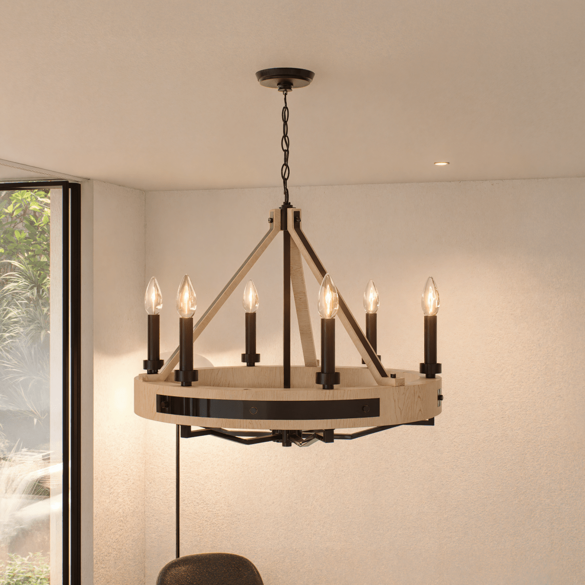 6-Light Farmhouse Chandelier, E12 Base, Matte black Finish Hardware with Nature Solid Ashwood - 26“D x 22”H