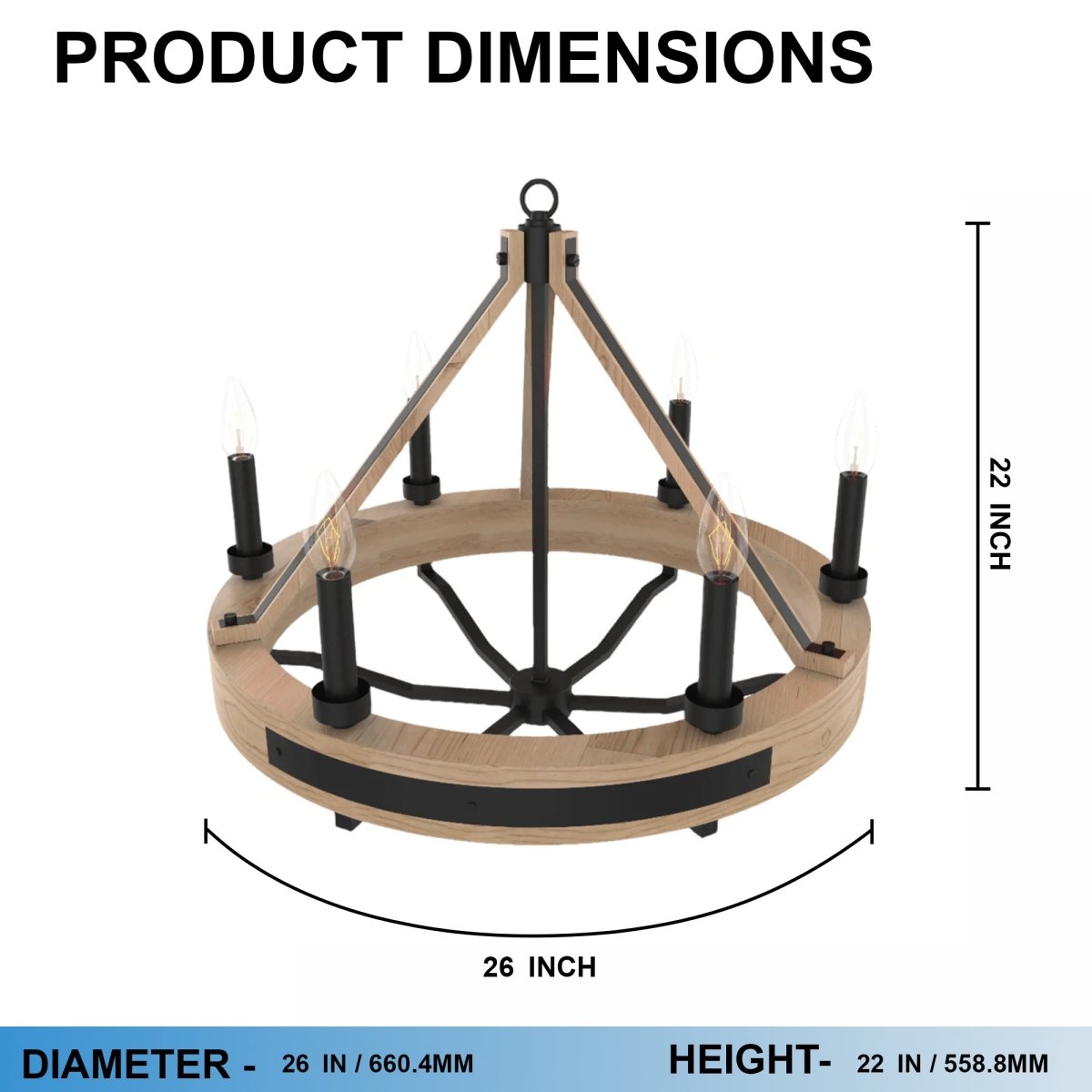 6 - Light Farmhouse Chandelier, E12 Base, Matte black Finish Hardware with Nature Solid Ashwood - 26“D x 22”H - LEDMyPlace