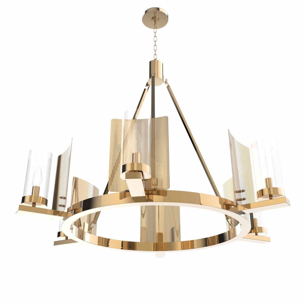 6 - Light Ring Chandelier Ceiling Light In Brass Finish with Clear Glass, E12 Base, Width 28" Height 22", 120V, Bulb Type B10, Socket type E12, Max wattage Per Socket 60W - LEDMyPlace