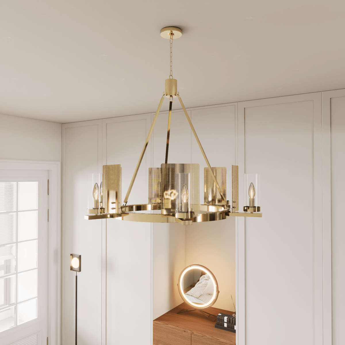 6 - Light Ring Chandelier Ceiling Light In Brass Finish with Clear Glass, E12 Base, Width 28" Height 22", 120V, Bulb Type B10, Socket type E12, Max wattage Per Socket 60W - LEDMyPlace