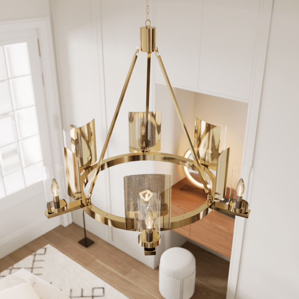 6 - Light Ring Chandelier Ceiling Light In Brass Finish with Clear Glass, E12 Base, Width 28" Height 22", 120V, Bulb Type B10, Socket type E12, Max wattage Per Socket 60W - LEDMyPlace