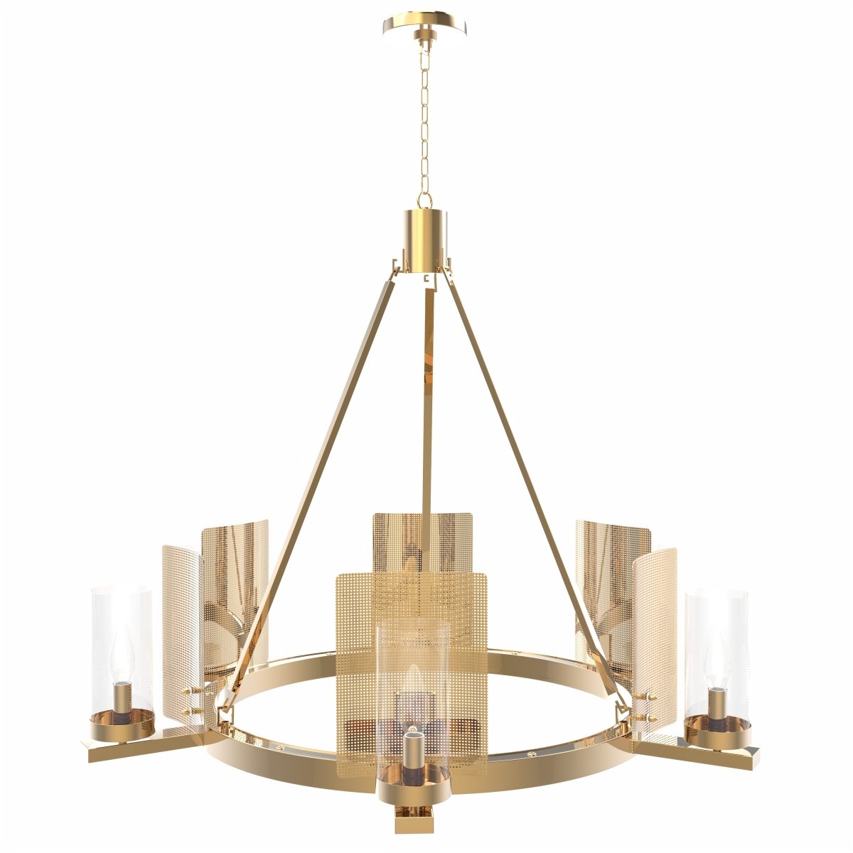 6 - Light Ring Chandelier Ceiling Light In Brass Finish with Clear Glass, E12 Base, Width 28" Height 22", 120V, Bulb Type B10, Socket type E12, Max wattage Per Socket 60W - LEDMyPlace