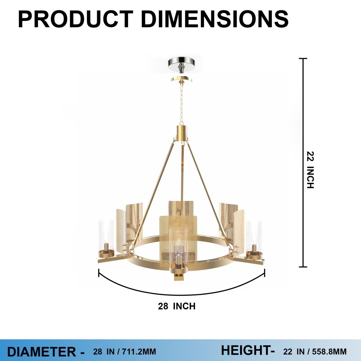 6 - Light Ring Chandelier Ceiling Light In Brass Finish with Clear Glass, E12 Base, Width 28" Height 22", 120V, Bulb Type B10, Socket type E12, Max wattage Per Socket 60W - LEDMyPlace