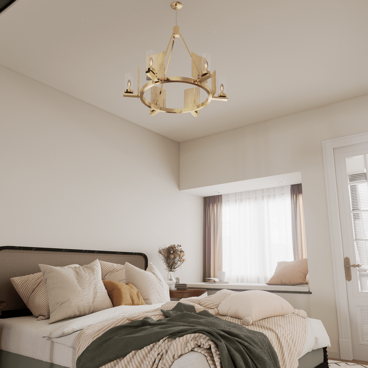 6 - Light Ring Chandelier Ceiling Light In Brass Finish with Clear Glass, E12 Base, Width 28" Height 22", 120V, Bulb Type B10, Socket type E12, Max wattage Per Socket 60W - LEDMyPlace