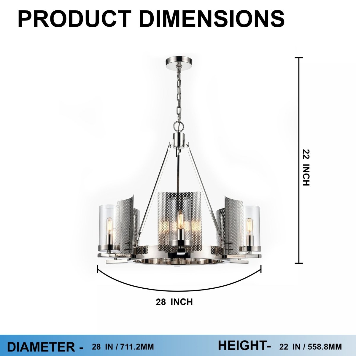 6 - Light Ring Chandelier Ceiling Light In Chrome Finish with Clear Glass, E12 Base, 120V, Bulb Type B10, Socket type E12, Max wattage Per Socket 60W - 28“D x 22”H - LEDMyPlace