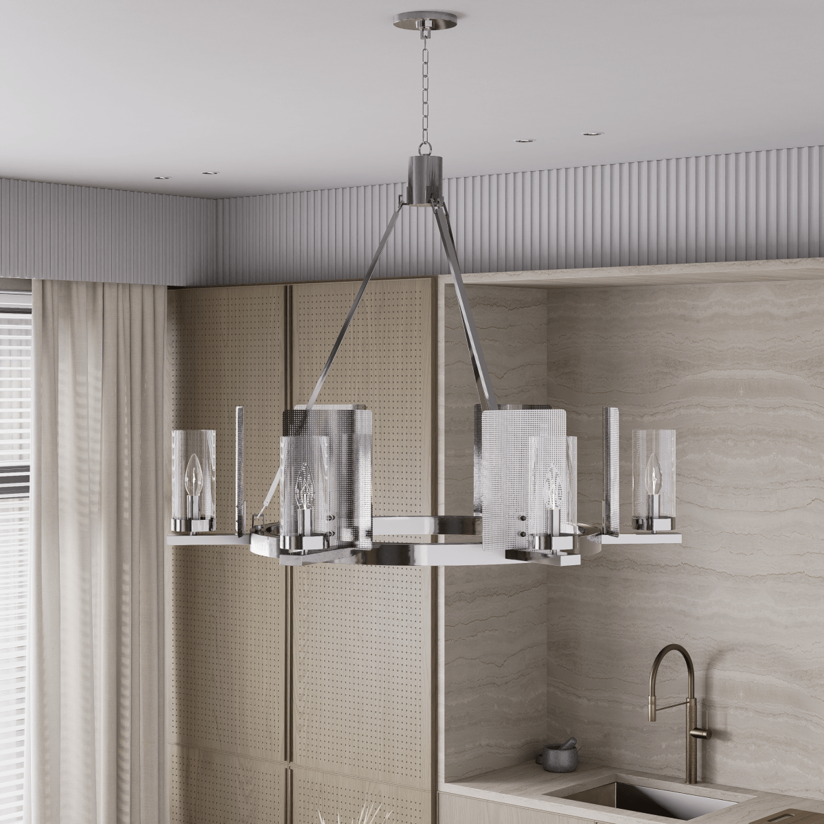 6 - Light Ring Chandelier Ceiling Light In Chrome Finish with Clear Glass, E12 Base, 120V, Bulb Type B10, Socket type E12, Max wattage Per Socket 60W - 28“D x 22”H - LEDMyPlace