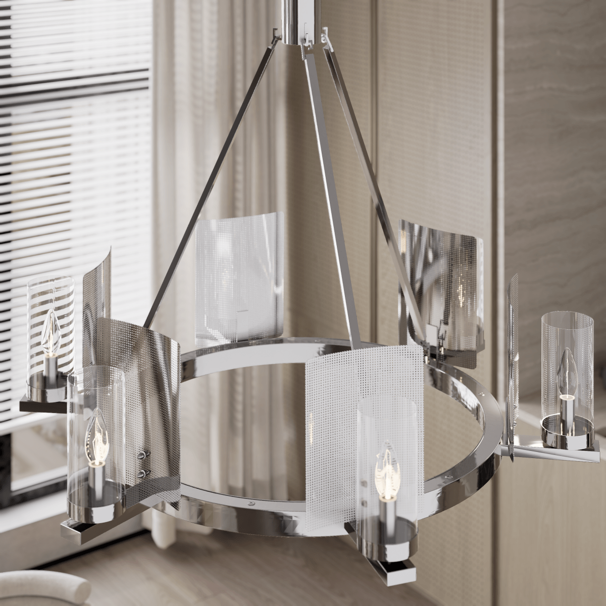 6 - Light Ring Chandelier Ceiling Light In Chrome Finish with Clear Glass, E12 Base, 120V, Bulb Type B10, Socket type E12, Max wattage Per Socket 60W - 28“D x 22”H - LEDMyPlace