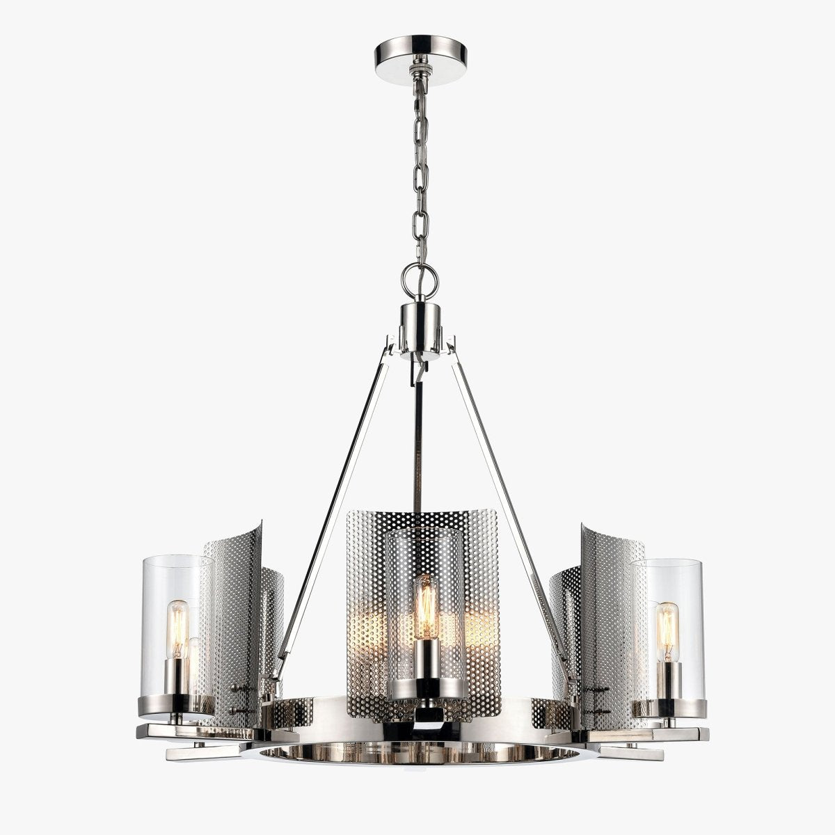 6 - Light Ring Chandelier Ceiling Light In Chrome Finish with Clear Glass, E12 Base, Width 28" Height 22", 120V, Bulb Type B10, Socket type E12, Max wattage Per Socket 60W - LEDMyPlace