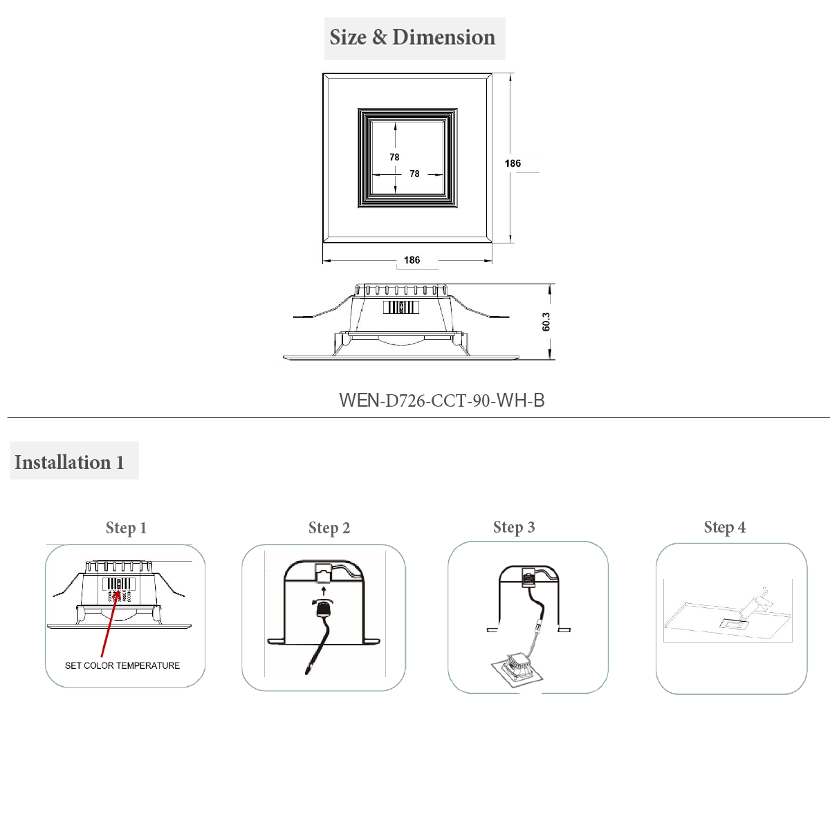 6" Square LED Downlight - CCT Changeable 2700K/3000K/3500K/4000K/5000K, 15W, 120V AC, Baffle Aluminum Trim, Damp Location - Dimmable Ceiling Lights with E26 base - LEDMyPlace
