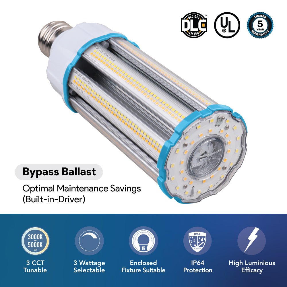 63W LED Corn Bulb, 63W/54W/36W Wattage Selectable & 3CCT Selectable (3000K/4000K/5000K), E39 Base, IP64, 100-277V, 175W MH Replacement - LEDMyPlace