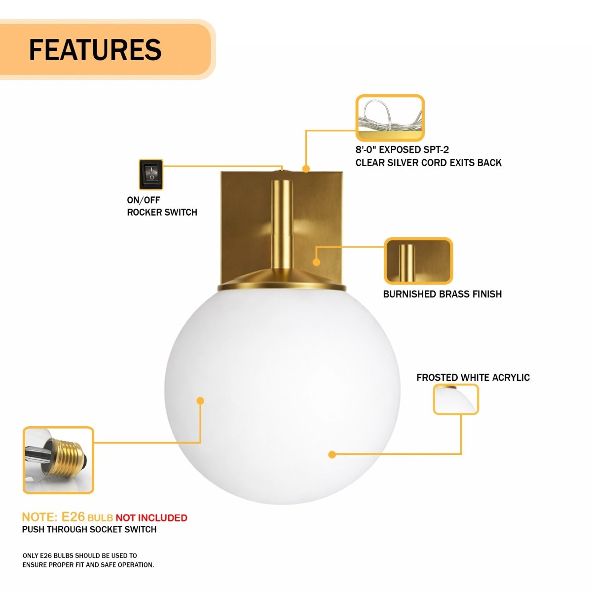 6.5″W x 10″H x 8″E Burnished Brass Wall Sconce with Frosted White Acrylic Shade and E26 Rocker - Switch Light - 4 Pack - LEDMyPlace