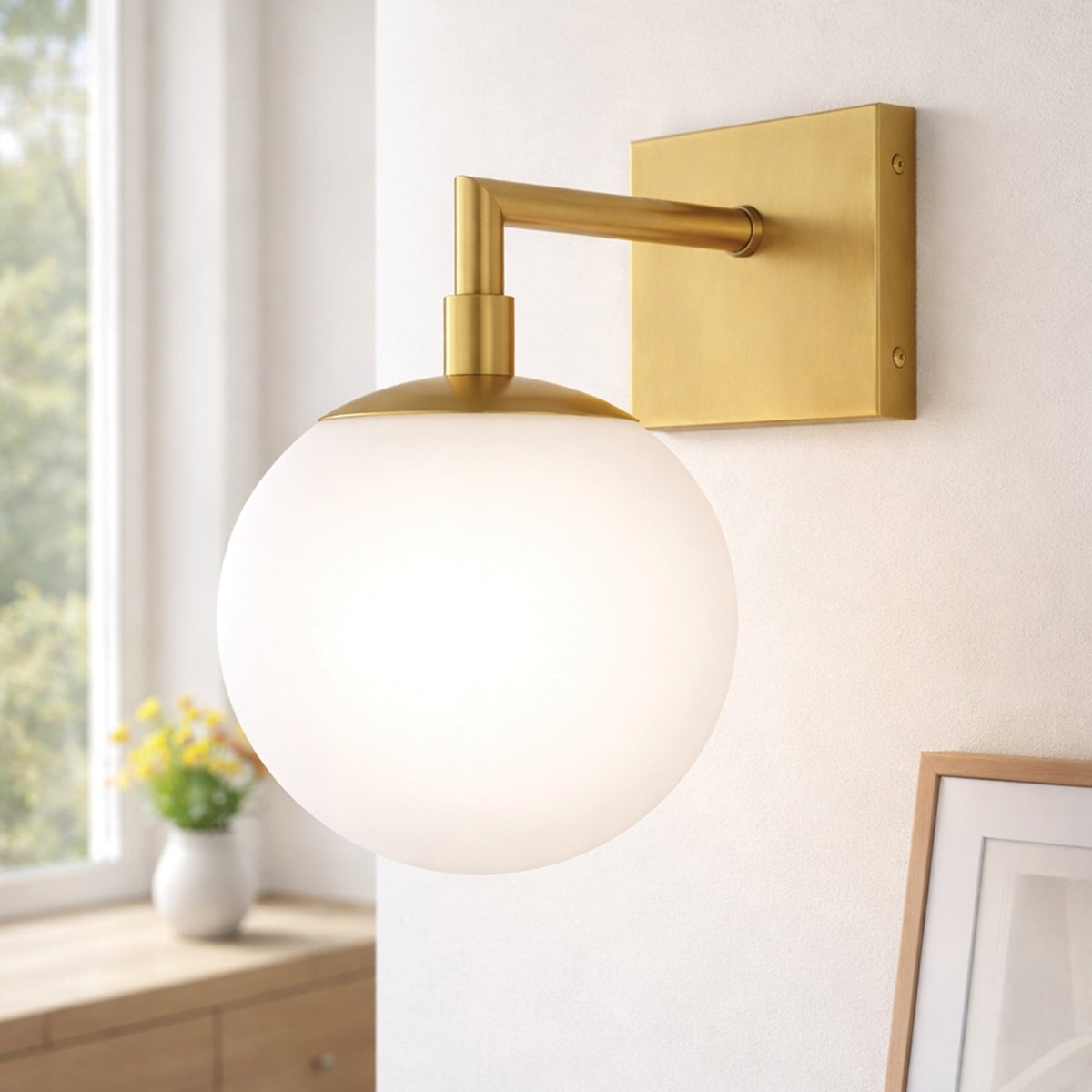 6.5″W x 10″H x 8″E Burnished Brass Wall Sconce with Frosted White Acrylic Shade and E26 Rocker - Switch Light - 4 Pack - LEDMyPlace