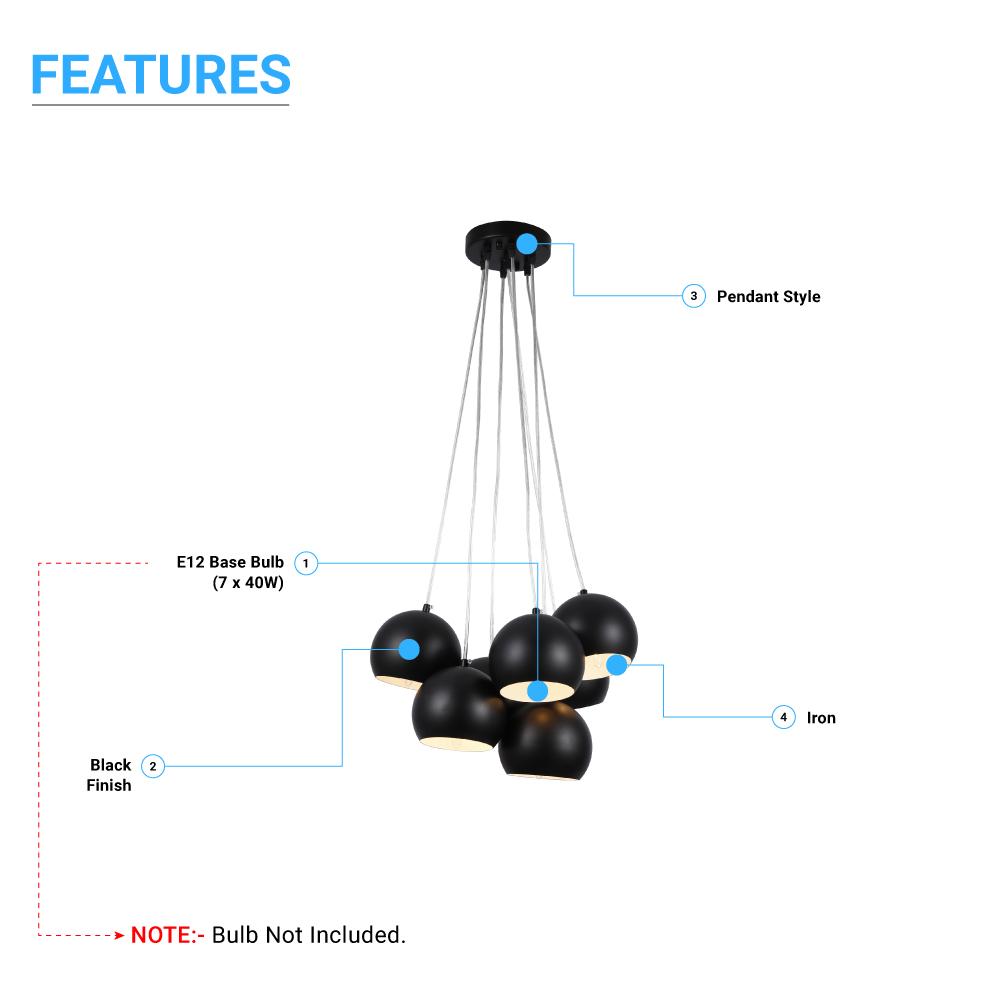 7 - Light Black Iron Globe Pendant Chandelier Fixture for Living Room, Bedroom, Dining Room, Office - LEDMyPlace
