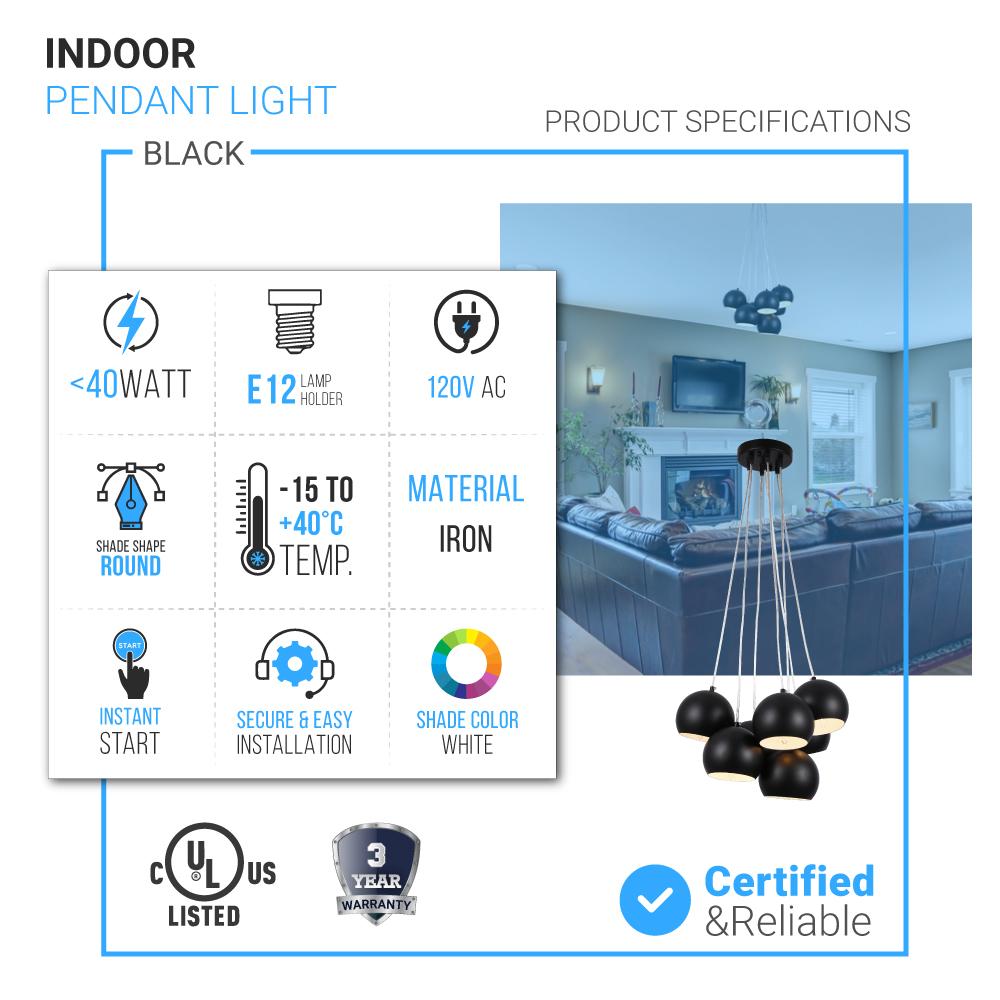 7 - Light Black Iron Globe Pendant Chandelier Fixture for Living Room, Bedroom, Dining Room, Office - LEDMyPlace