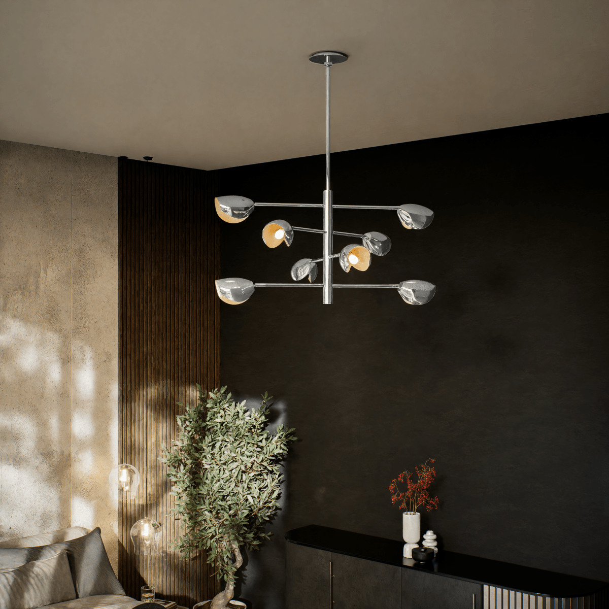 8 - Light Chandelier Ceiling Light, Curved Disk Shades, Chrome Finish Hardware, 120V, Bulb Type B10, Socket type E12, Max wattage Per Socket 60W - 33.5”D x 18.5“H - LEDMyPlace