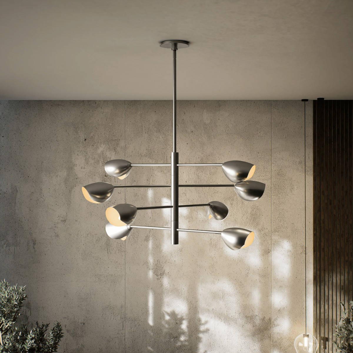 8 - Light Chandelier Ceiling Light, Curved Disk Shades, Chrome Finish Hardware, 120V, Bulb Type B10, Socket type E12, Max wattage Per Socket 60W - 33.5”D x 18.5“H - LEDMyPlace