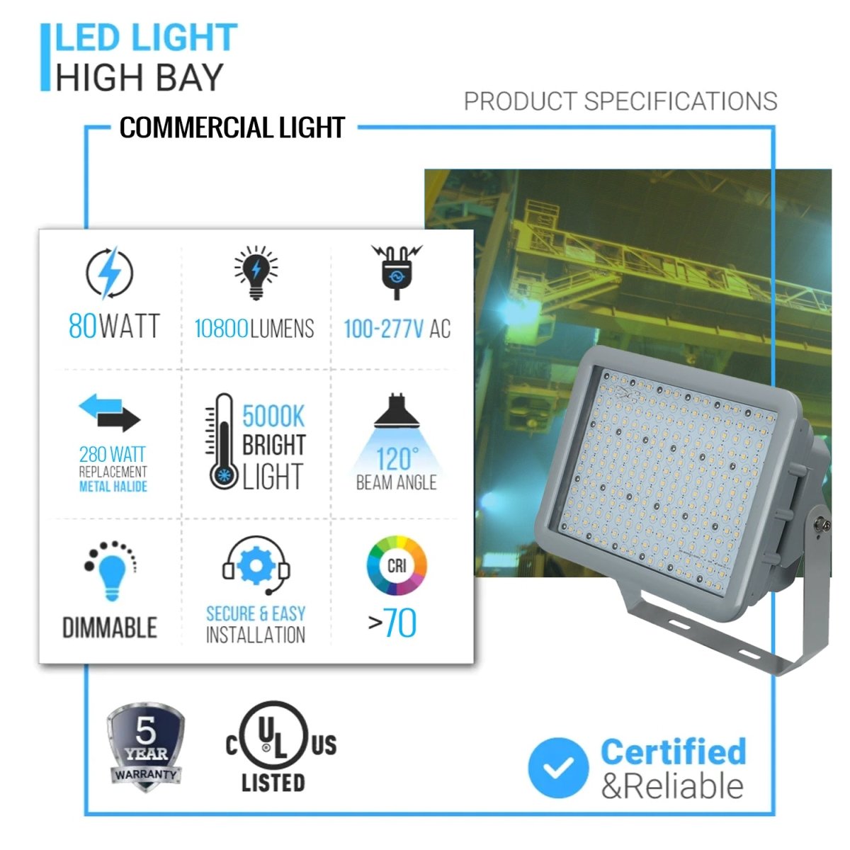 80 Watt LED Explosion Proof Flood Light, A Series, Dimmable, 5000K, 10800LM, AC100 - 277V, IP66, Hazardous Location Lighting Fixtures - LEDMyPlace