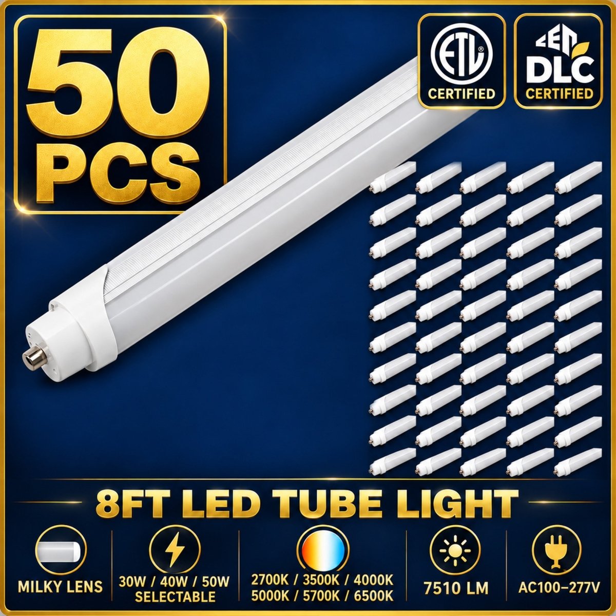 8FT LED Tube Light, 30W/40W/50W Selectable, 6CCT Selectable, 7510 Lumens, Milky Lens, ETL & DLC - LEDMyPlace