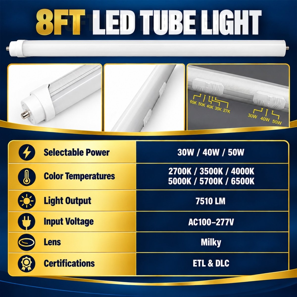 8FT LED Tube Light, 30W/40W/50W Selectable, 6CCT Selectable, 7510 Lumens, Milky Lens, ETL & DLC - LEDMyPlace